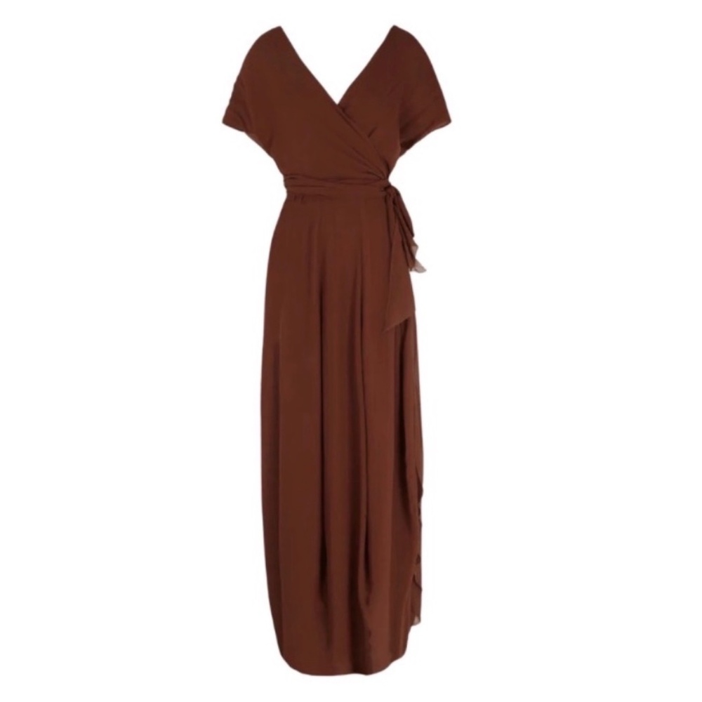 Cortana Rust Brown Silk Gauze Wrap V-Neck Maxi Dress